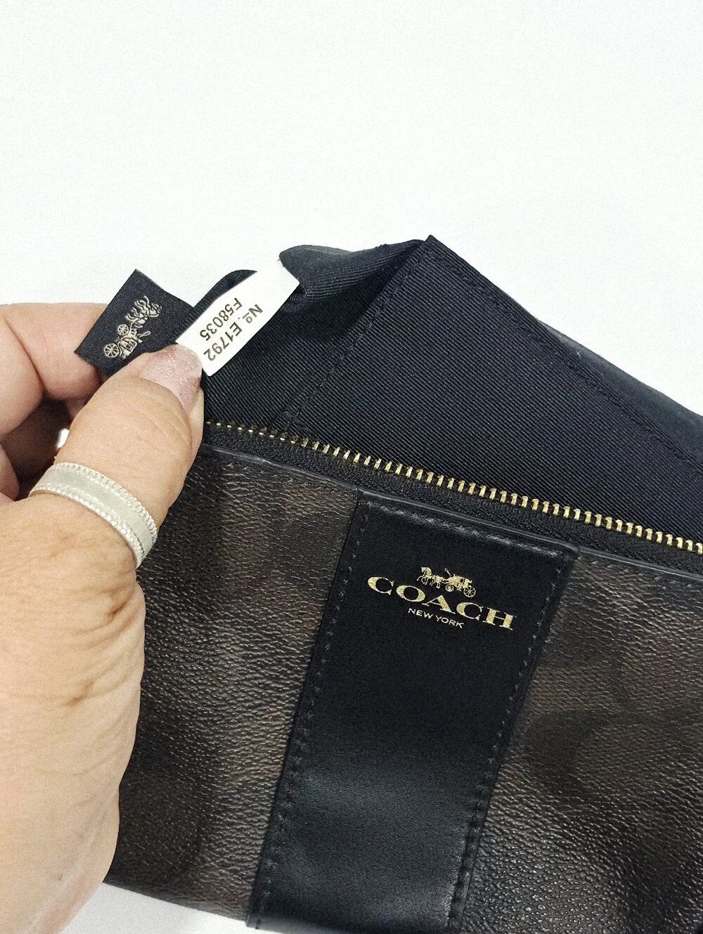Coach F58035 Signature Canvas Brown Black Corner Zip Wristlet